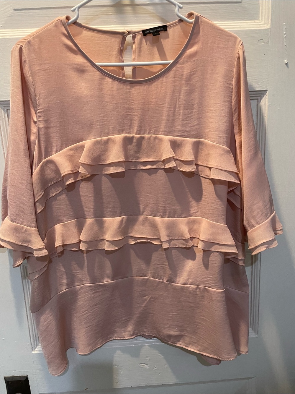 Who What Wear Blush Pink Ruffle Tiered Blouse, Large